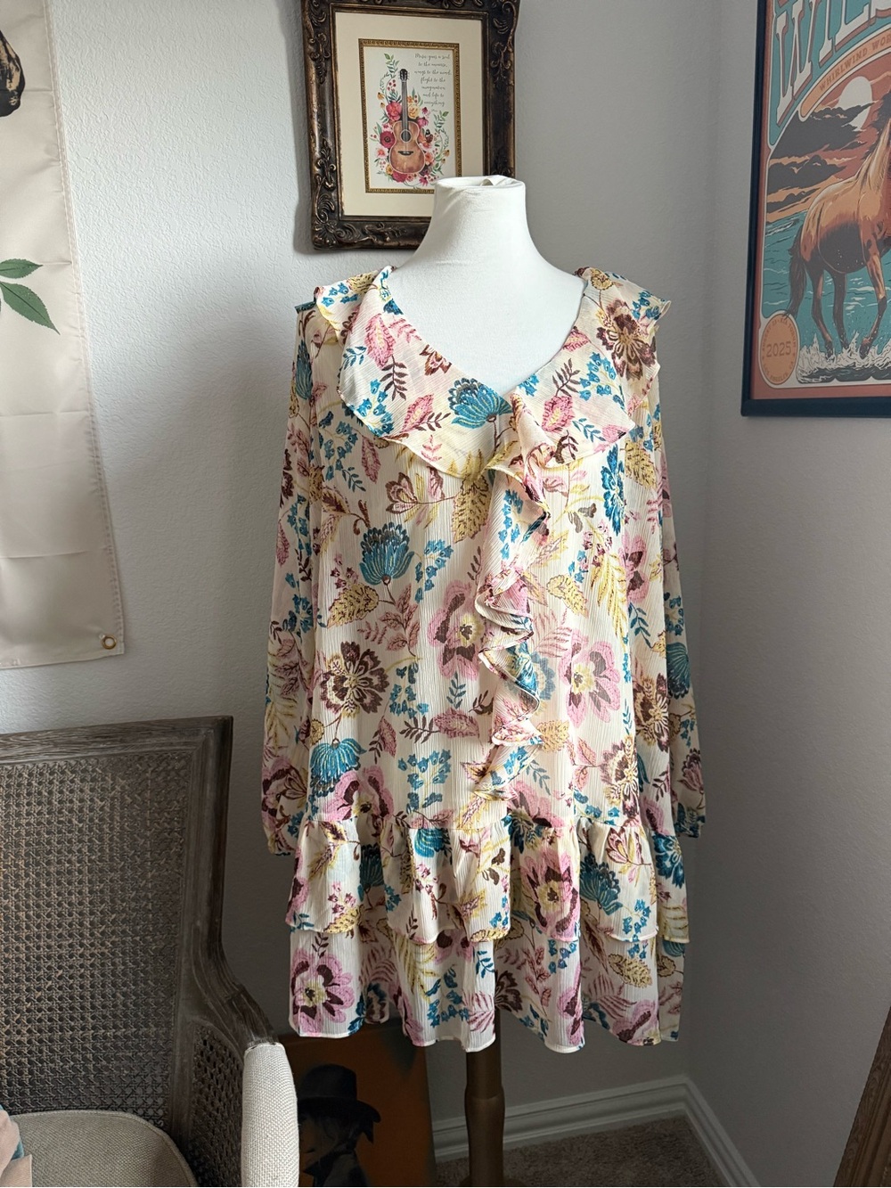 Floral Ruffle V-Neck Babydoll Dress in Cream with Teal & Pink